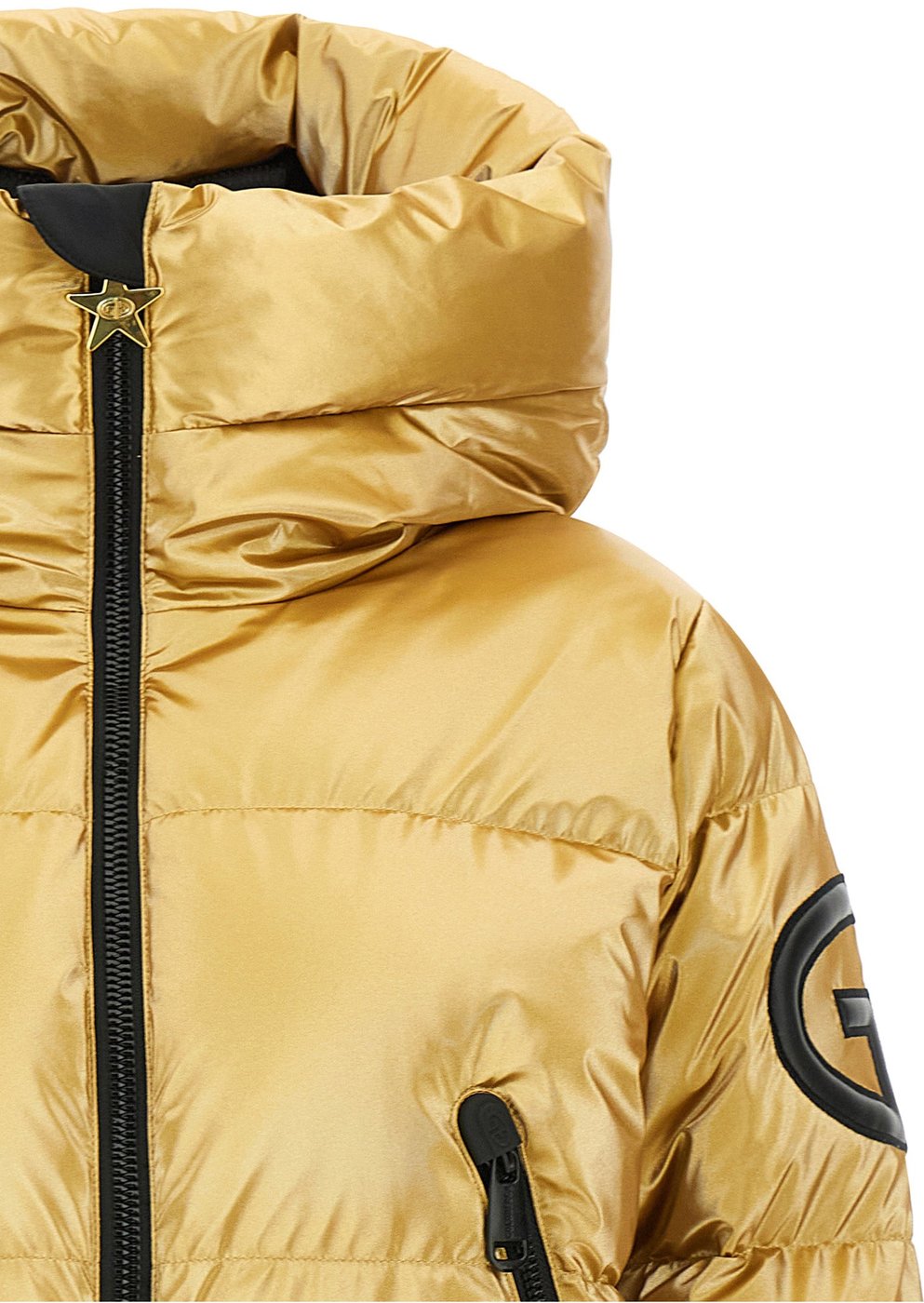Metallic Gold Logo-Patch High-Collar Down Jacket