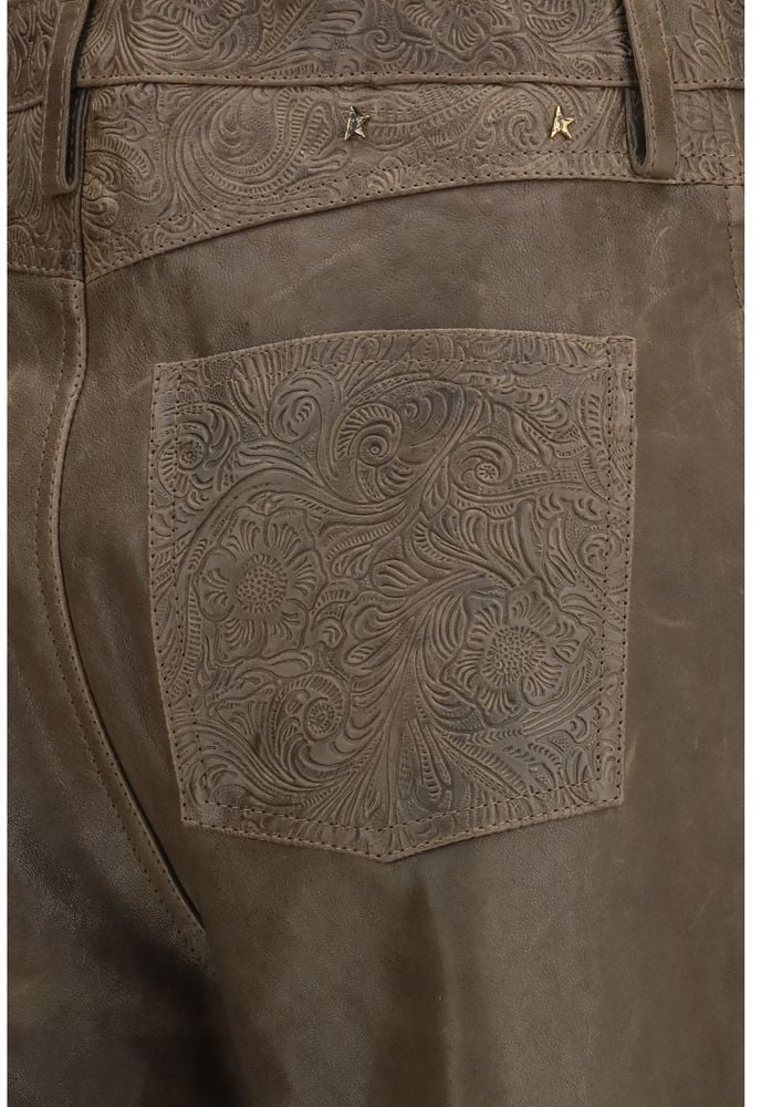 High-Waisted Straight Leather Pants with Embossed Floral Detailing