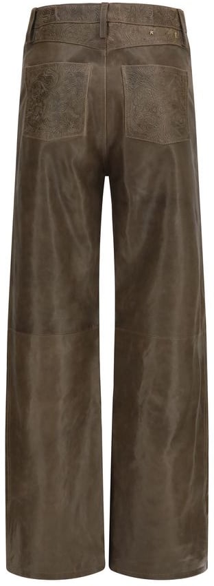 High-Waisted Straight Leather Pants with Embossed Floral Detailing