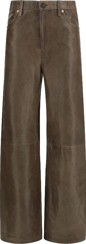 High-Waisted Straight Leather Pants with Embossed Floral Detailing