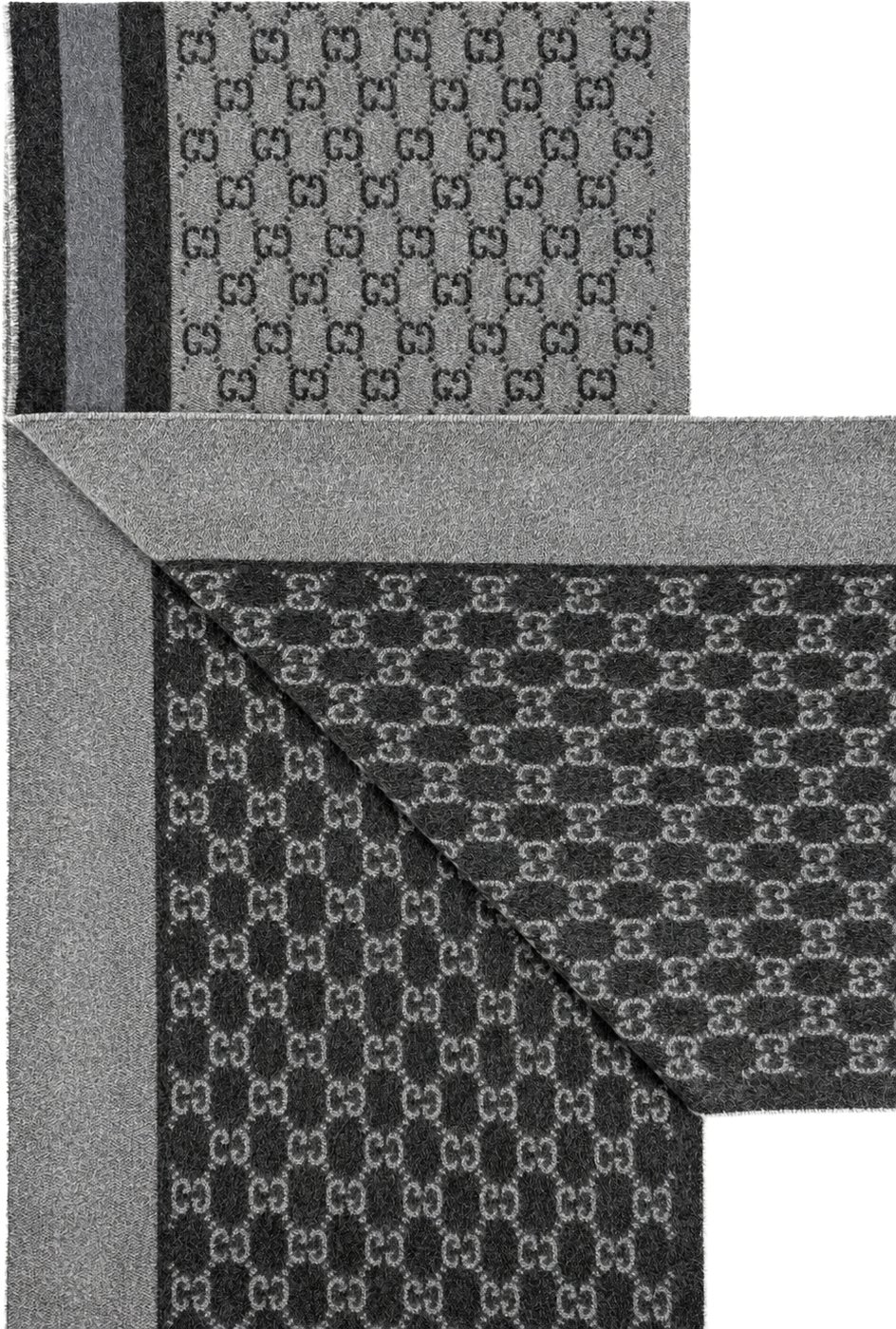 Gucci Monogram Grey Wool Scarf with Fringe