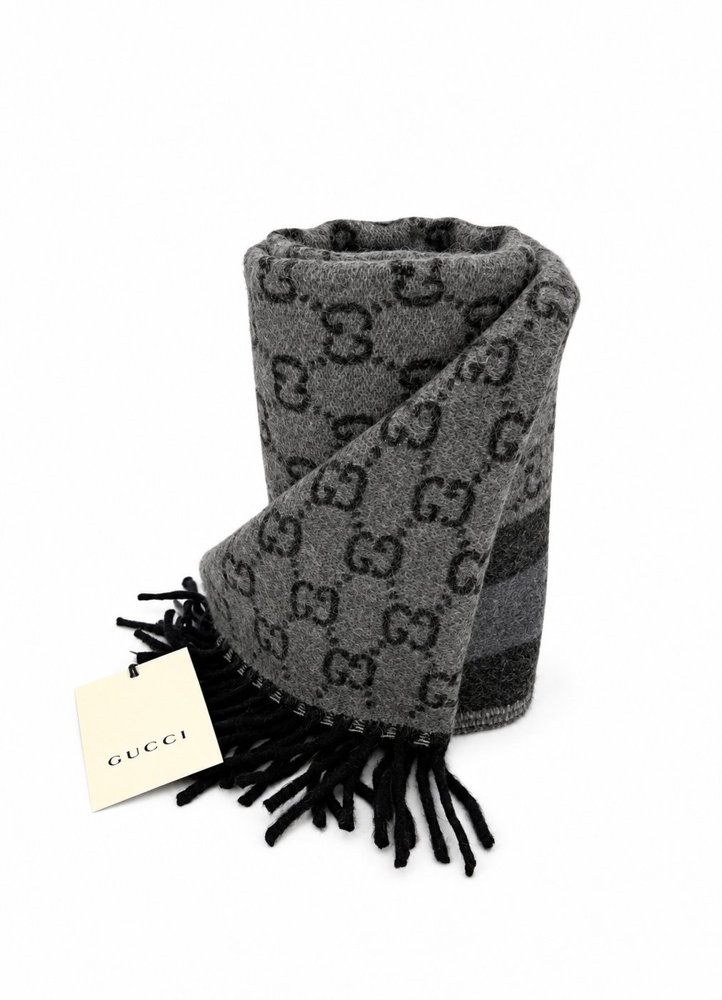 Gucci Monogram Grey Wool Scarf with Fringe