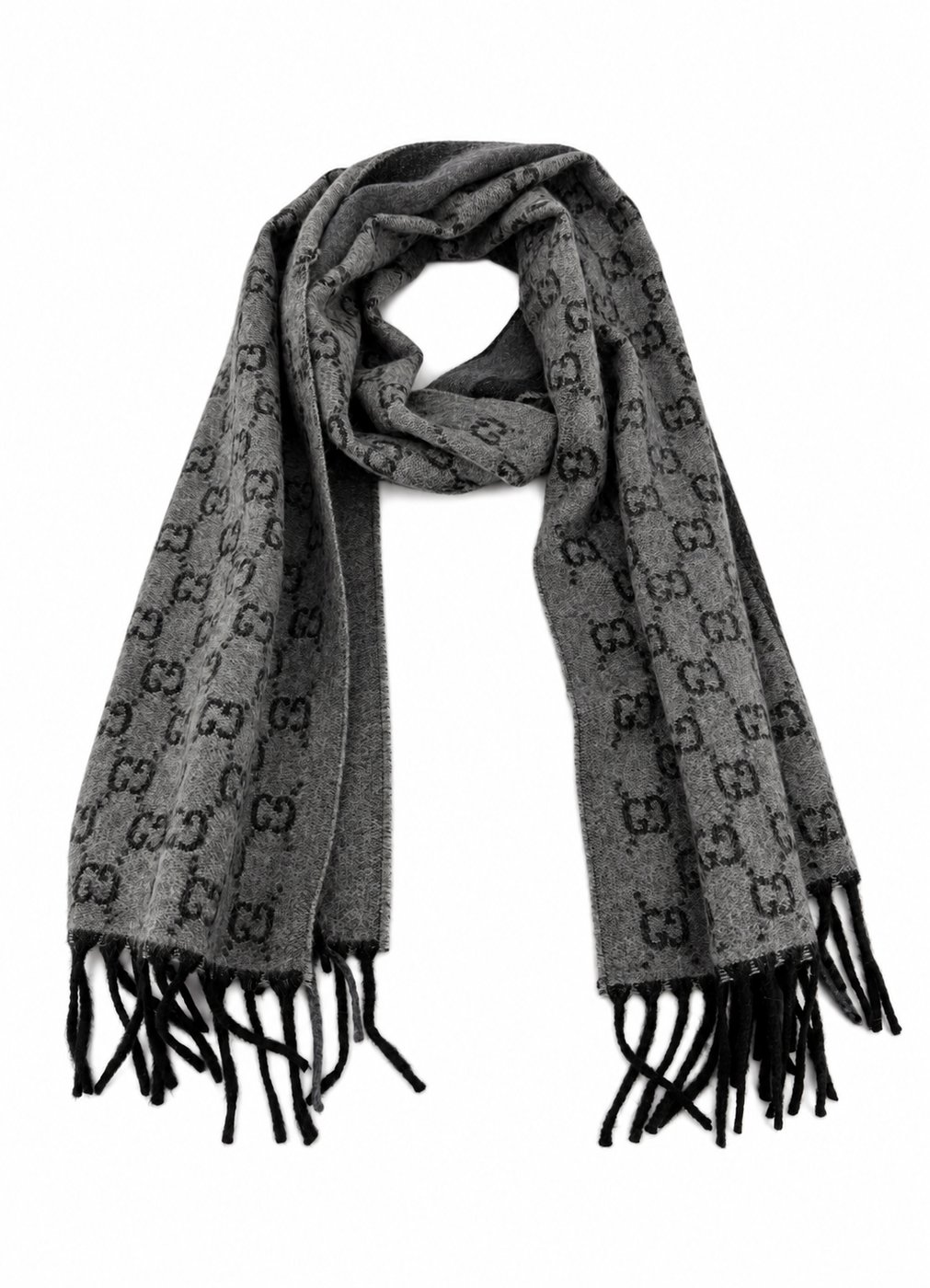 Gucci Monogram Grey Wool Scarf with Fringe