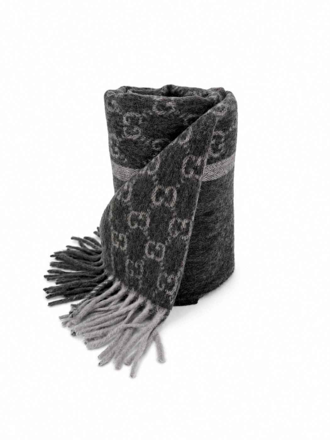 Gucci Monogram Charcoal Grey Cashmere & Wool Scarf with Fringe