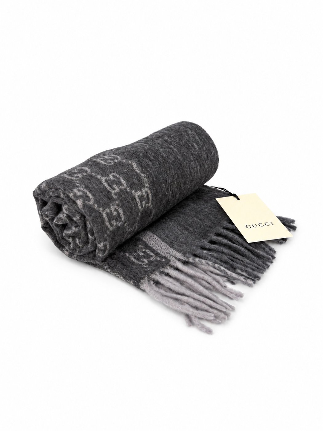 Gucci Monogram Charcoal Grey Cashmere & Wool Scarf with Fringe