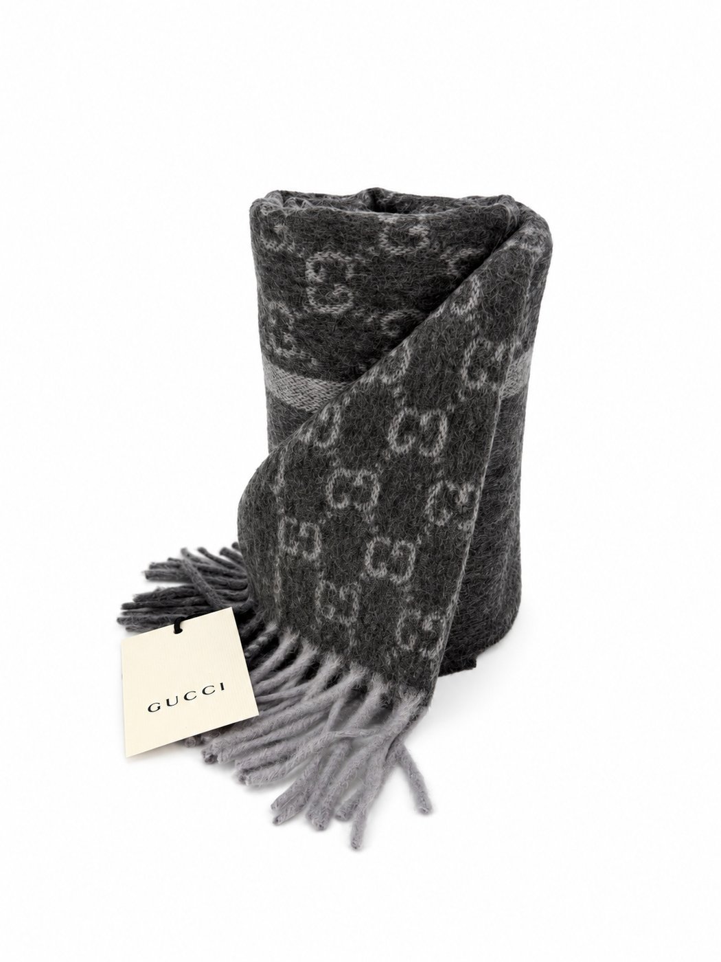 Gucci Monogram Charcoal Grey Cashmere & Wool Scarf with Fringe