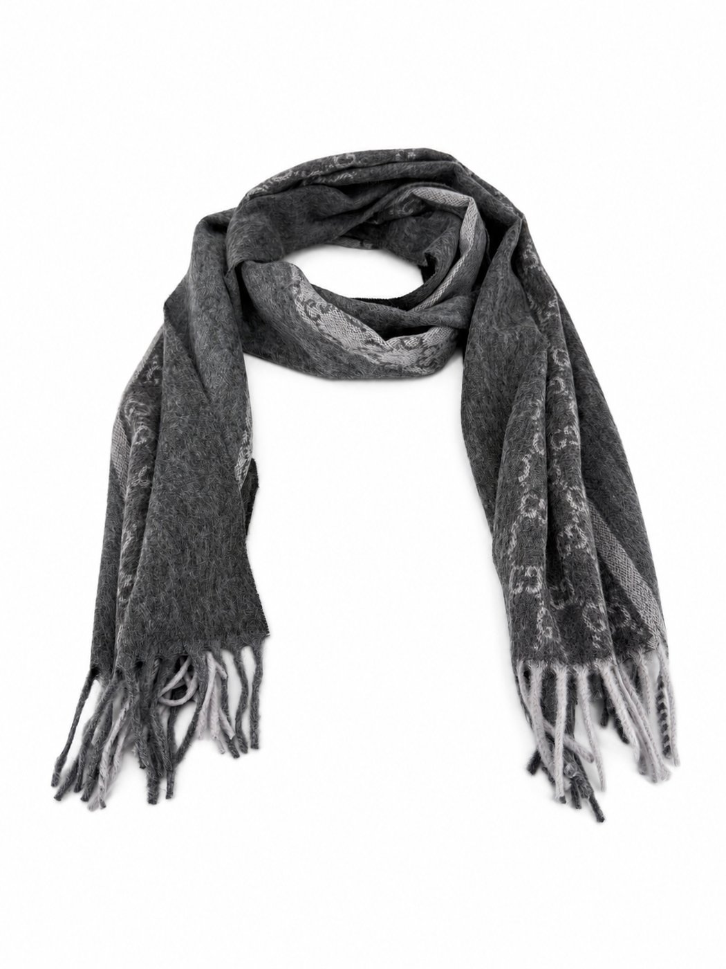 Gucci Monogram Charcoal Grey Cashmere & Wool Scarf with Fringe