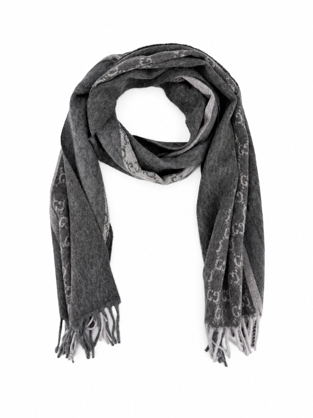 Gucci Monogram Charcoal Grey Cashmere & Wool Scarf with Fringe