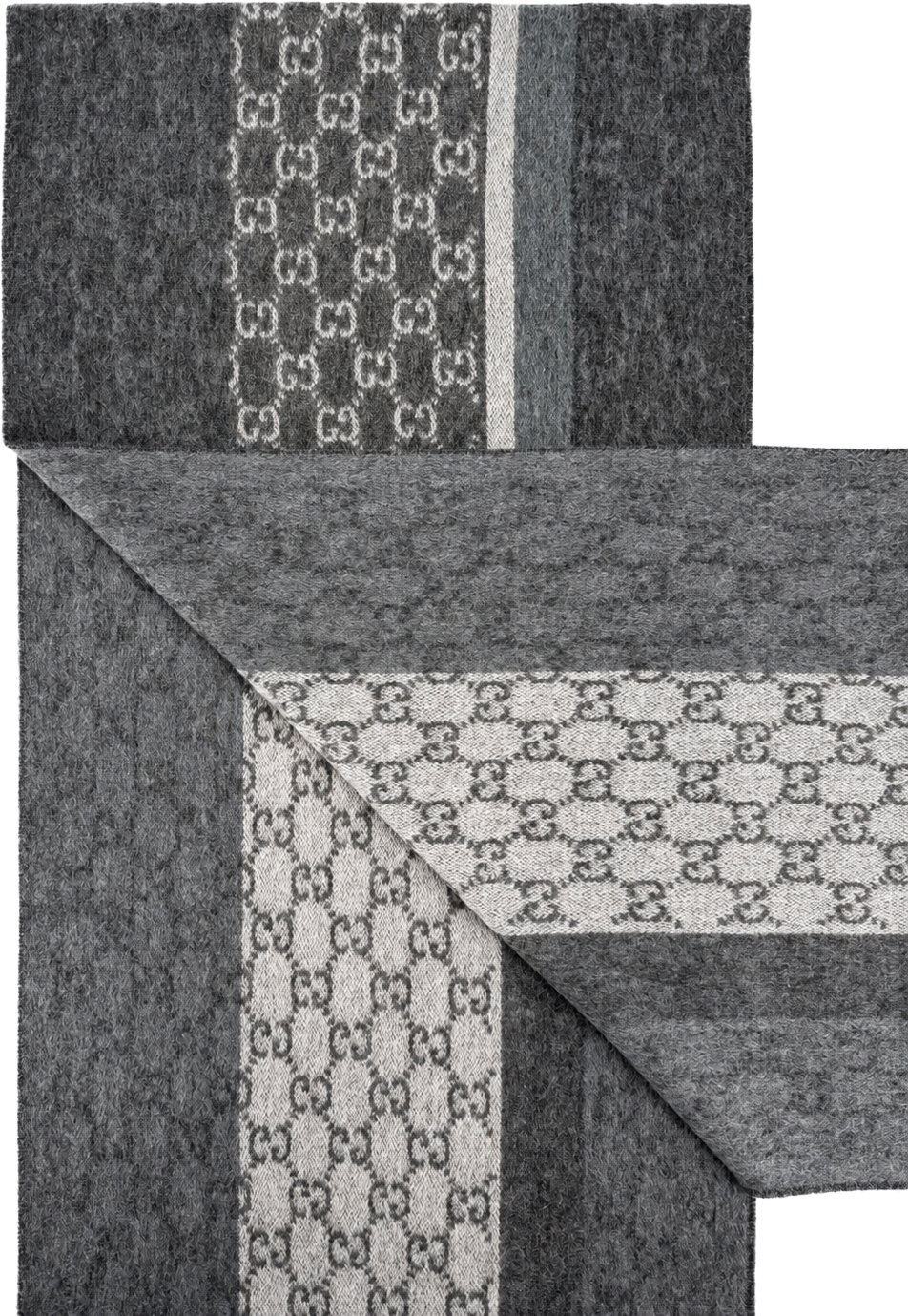 Gucci Monogram Charcoal Grey Cashmere & Wool Scarf with Fringe