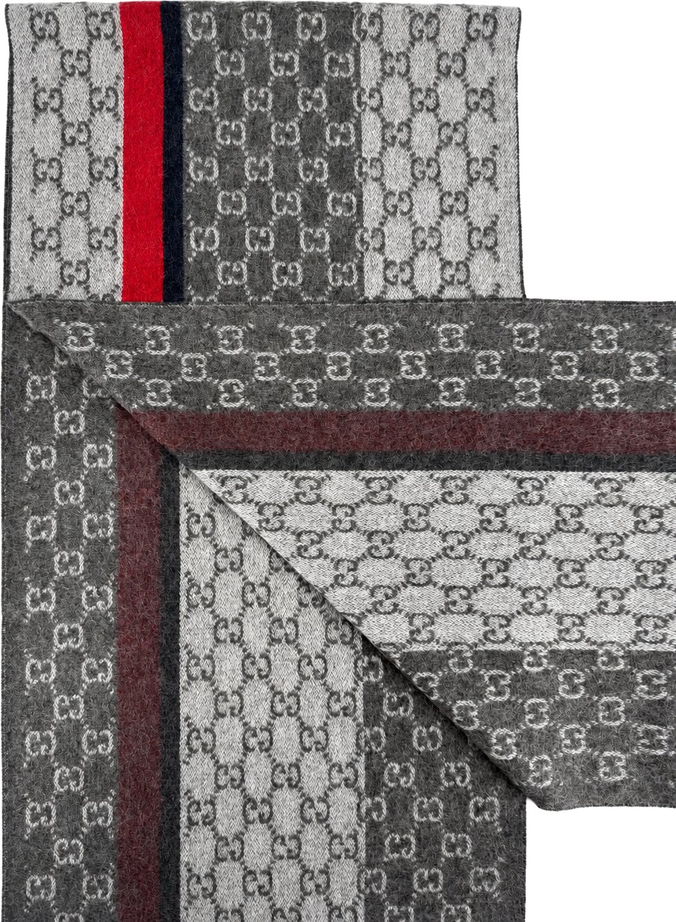 Gucci Monogram Grey Cashmere & Wool Scarf with Red & Black Stripe