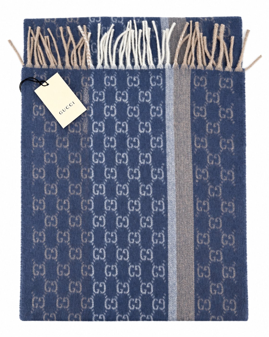 Gucci Monogram Blue Cashmere & Wool Scarf with Beige & Cream Fringe
