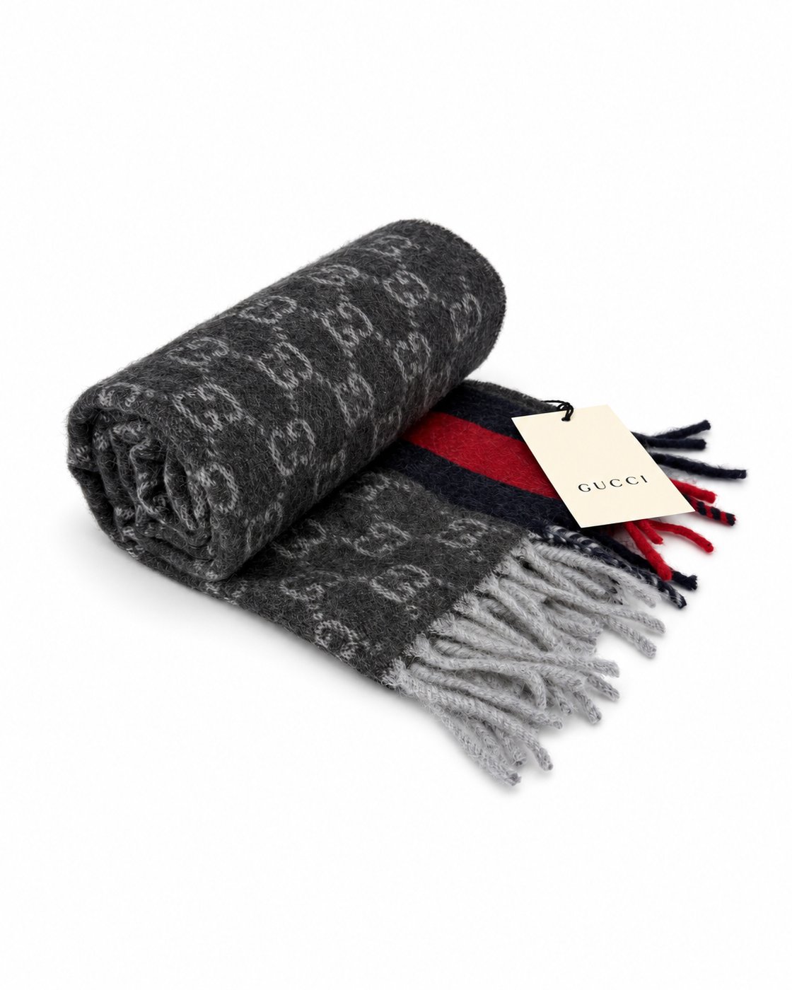 Gucci Monogram Charcoal Grey Cashmere & Wool Scarf with Red & Navy Stripe
