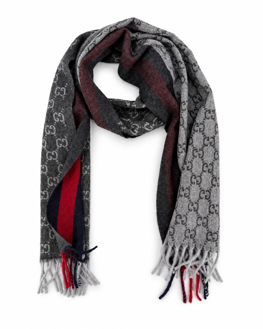 Gucci Monogram Charcoal Grey Cashmere & Wool Scarf with Red & Navy Stripe