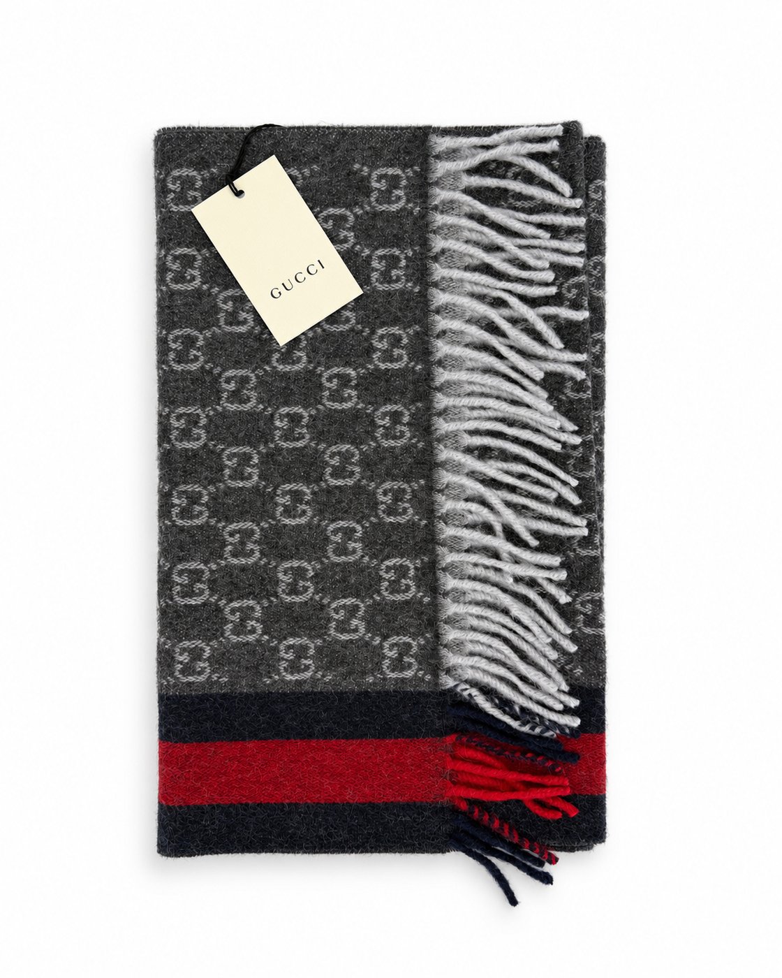 Gucci Monogram Charcoal Grey Cashmere & Wool Scarf with Red & Navy Stripe