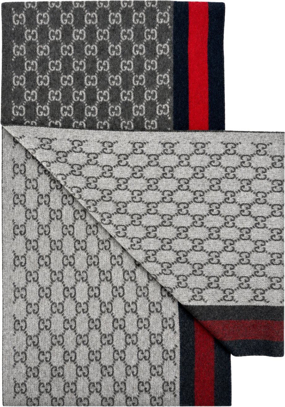 Gucci Monogram Charcoal Grey Cashmere & Wool Scarf with Red & Navy Stripe