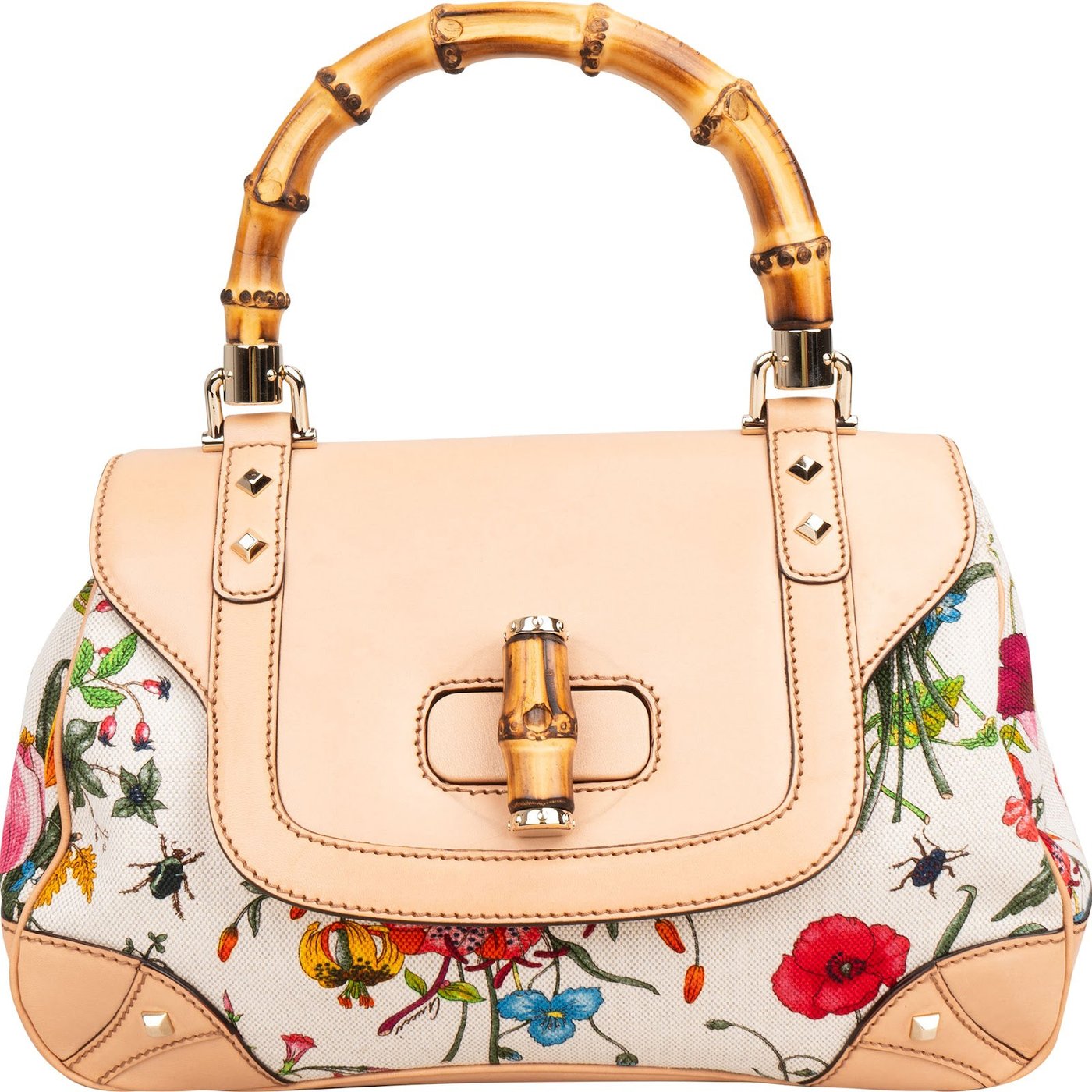 Gucci Rose Leather Flora Print Canvas Bamboo Top Handle Handbag