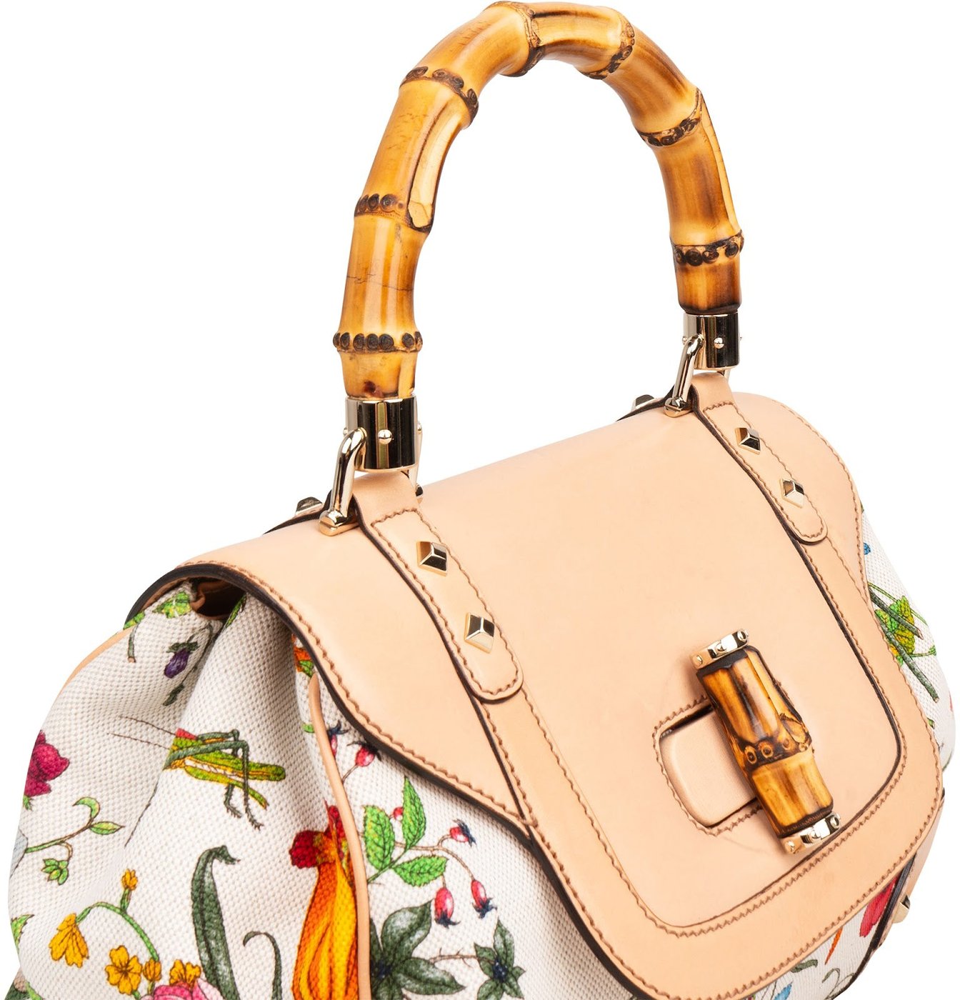 Gucci Rose Leather Flora Print Canvas Bamboo Top Handle Handbag