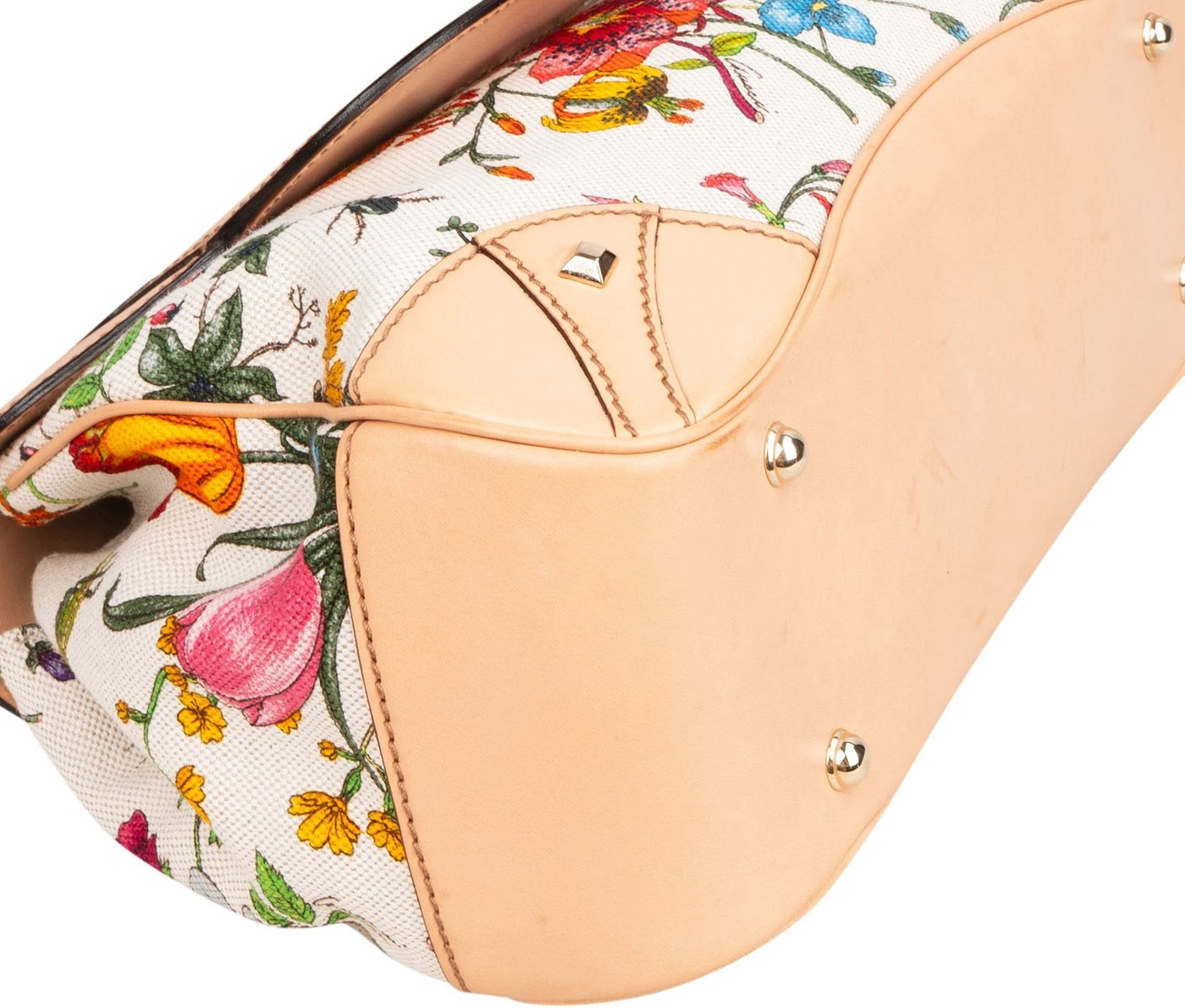 Gucci Rose Leather Flora Print Canvas Bamboo Top Handle Handbag