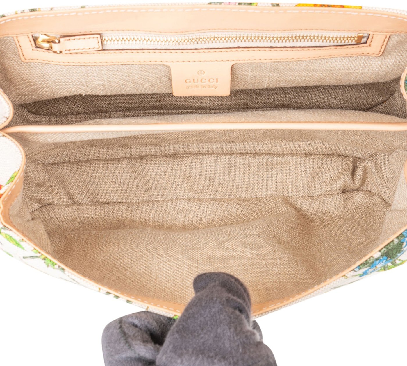 Gucci Rose Leather Flora Print Canvas Bamboo Top Handle Handbag