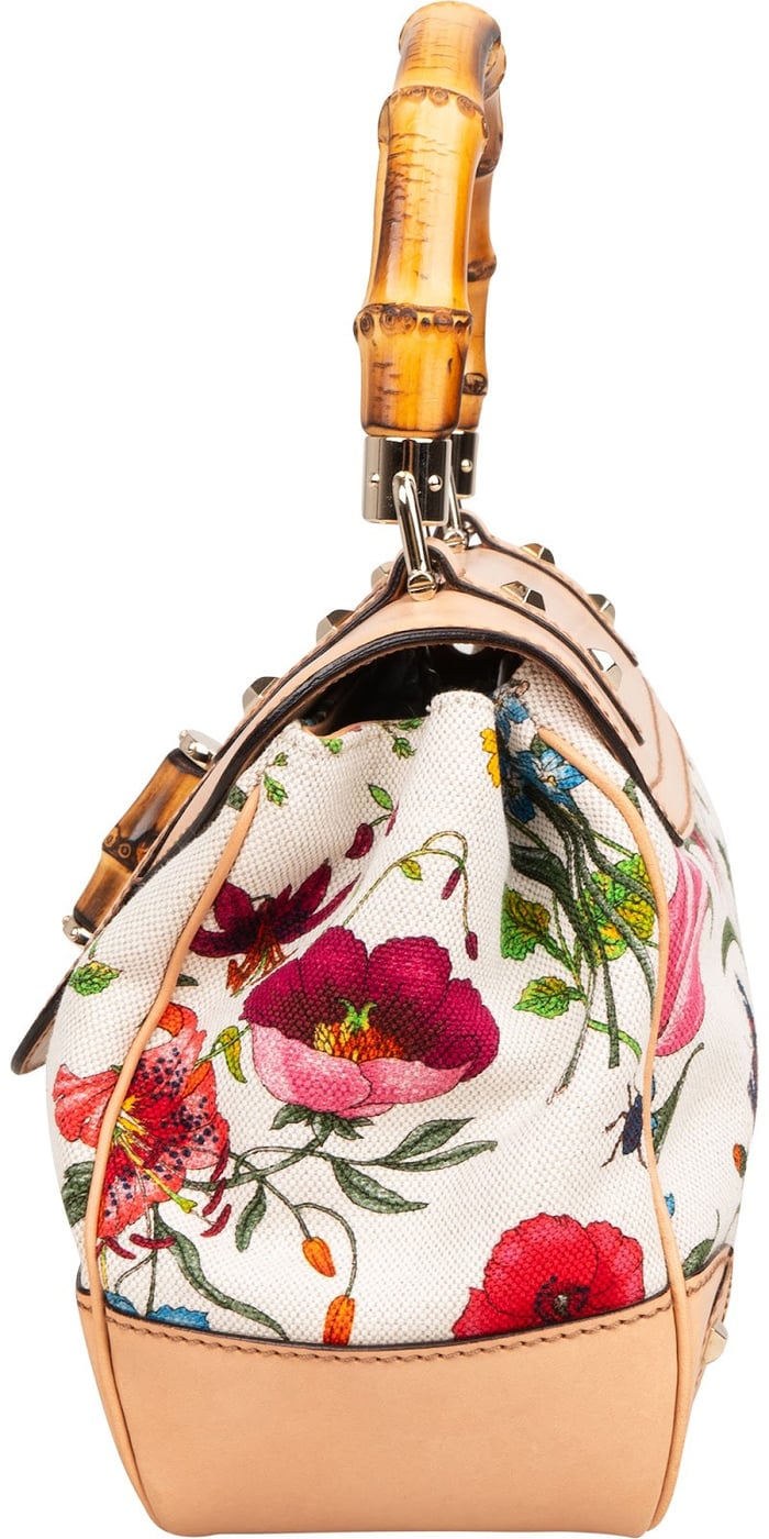 Gucci Rose Leather Flora Print Canvas Bamboo Top Handle Handbag
