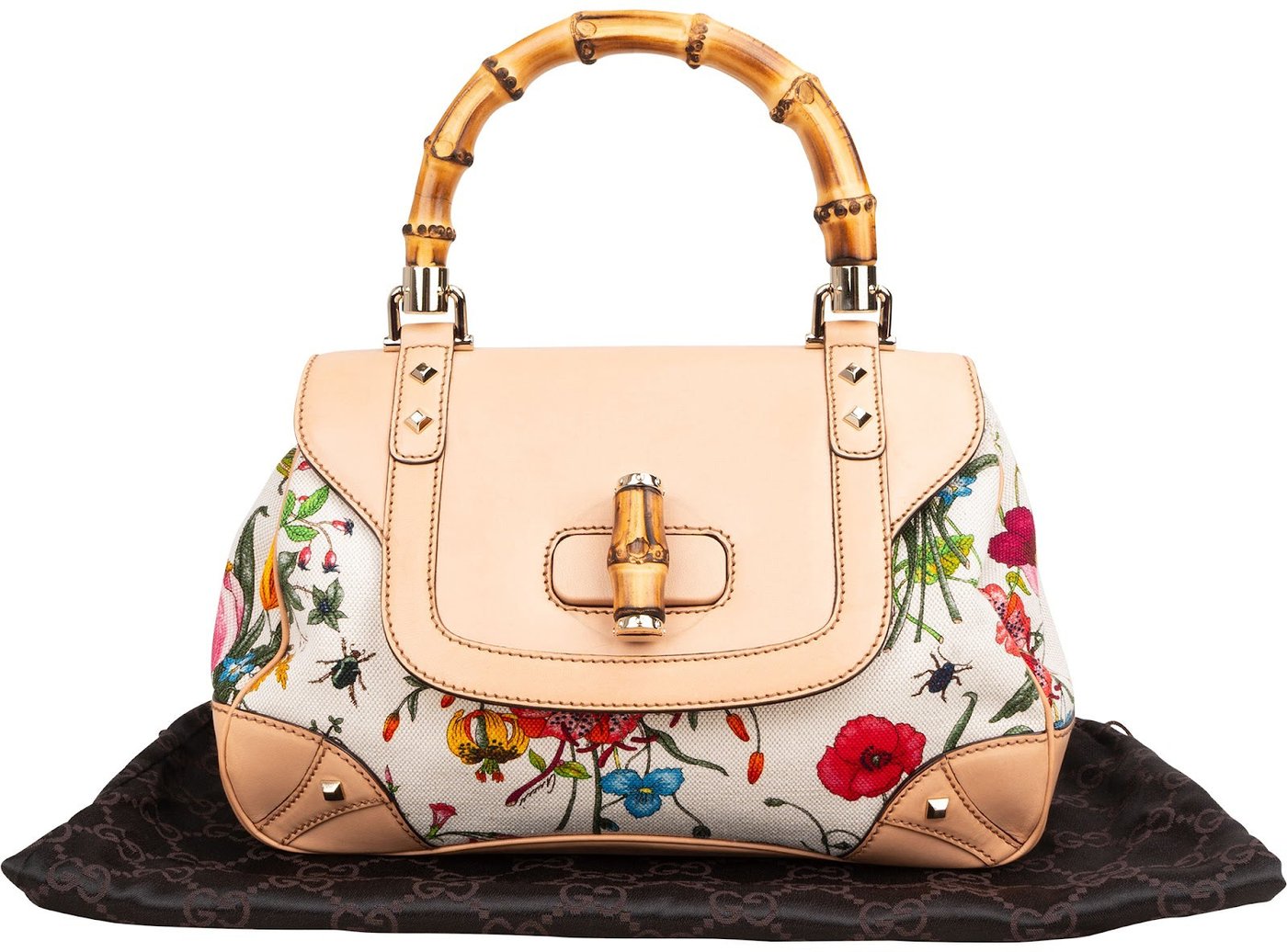 Gucci Rose Leather Flora Print Canvas Bamboo Top Handle Handbag