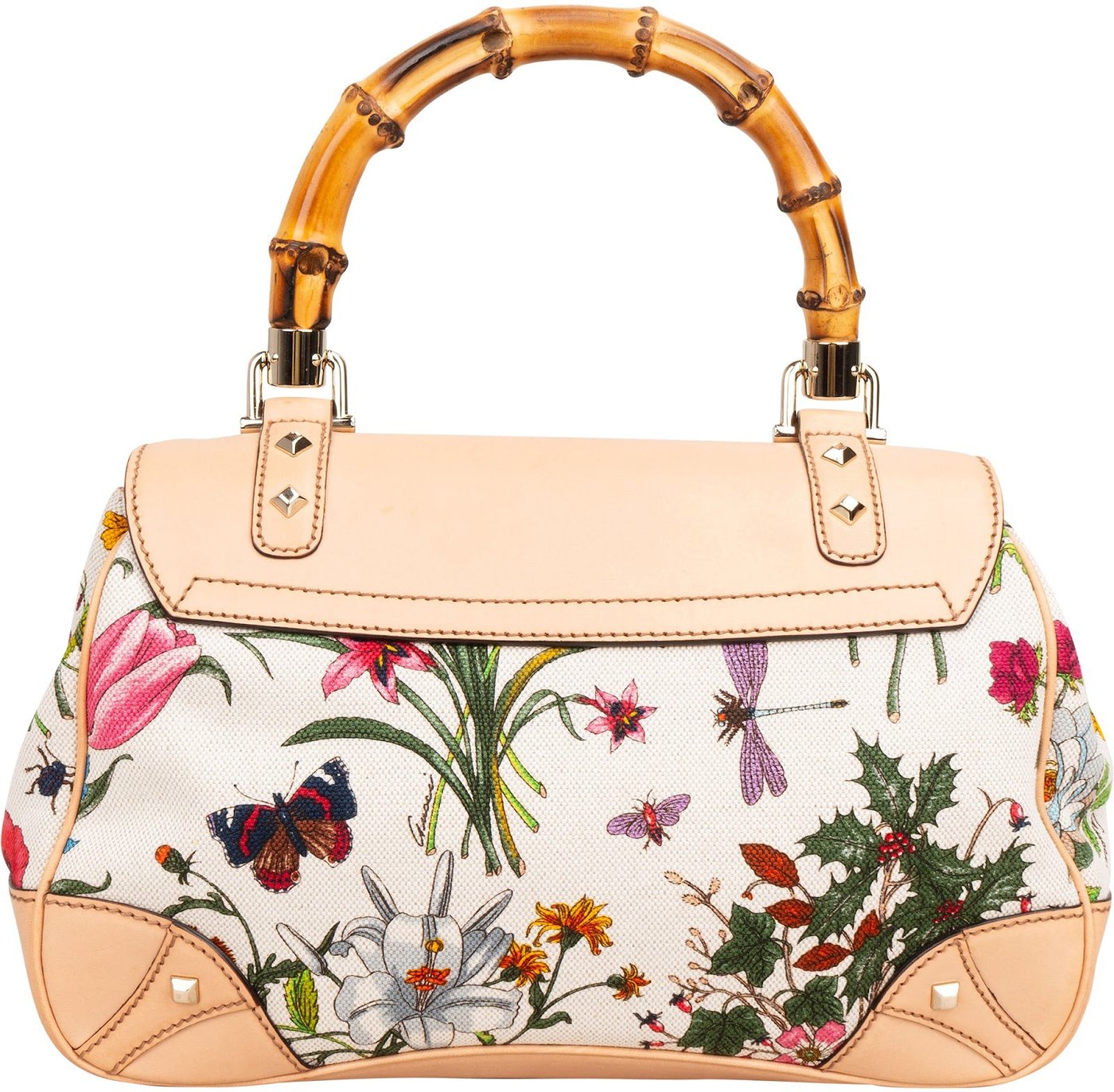 Gucci Rose Leather Flora Print Canvas Bamboo Top Handle Handbag