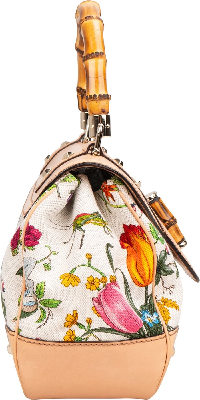 Gucci Rose Leather Flora Print Canvas Bamboo Top Handle Handbag