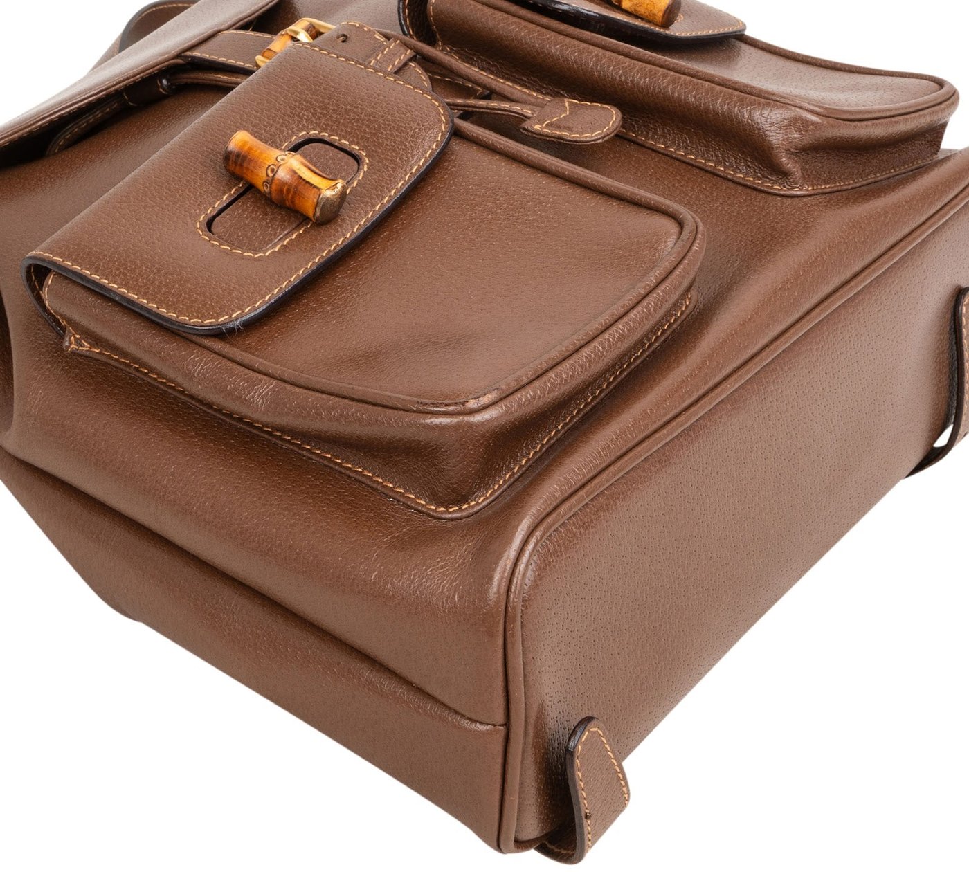 Gucci Brown Pebbled Leather Bamboo Drawstring Backpack