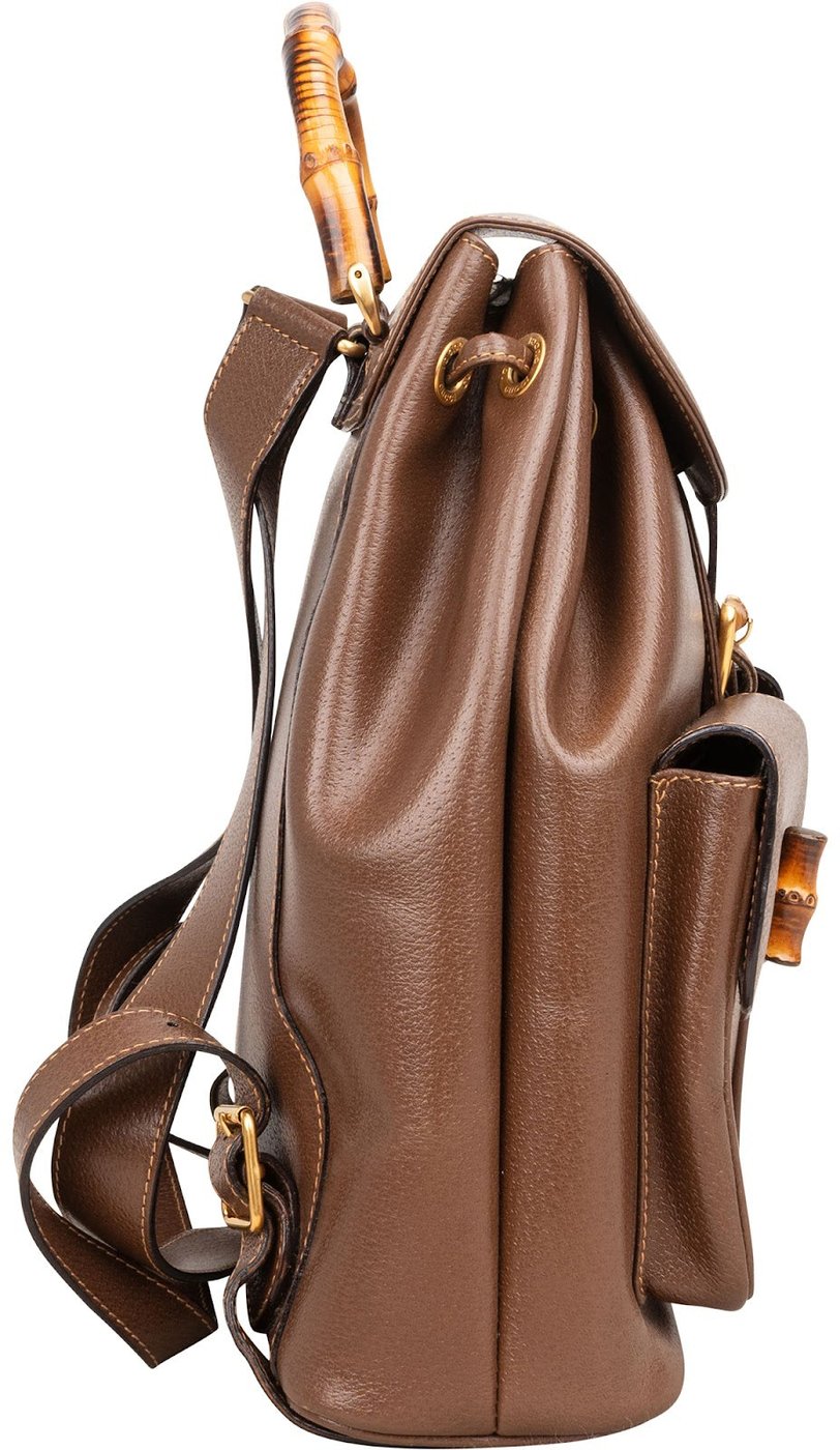 Gucci Brown Pebbled Leather Bamboo Drawstring Backpack