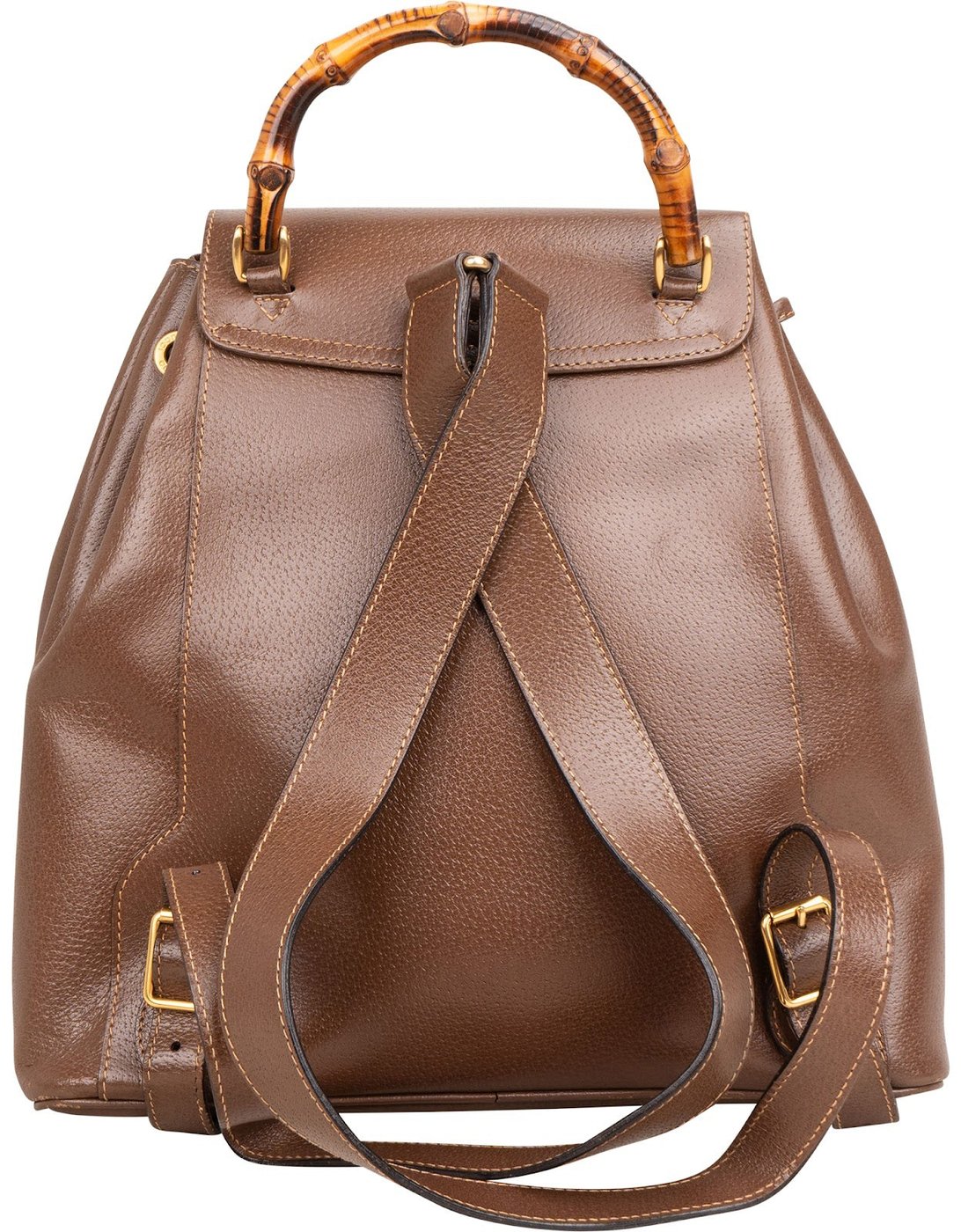 Gucci Brown Pebbled Leather Bamboo Drawstring Backpack