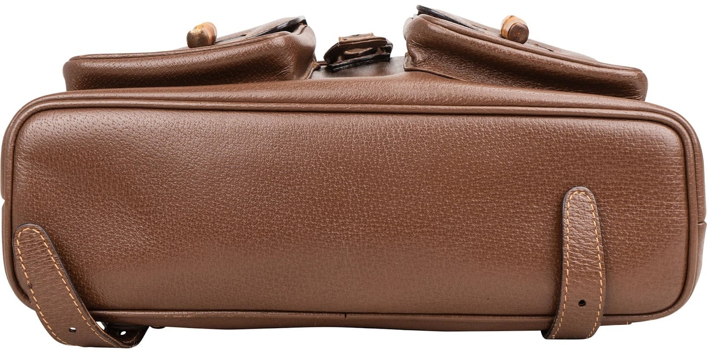 Gucci Brown Pebbled Leather Bamboo Drawstring Backpack