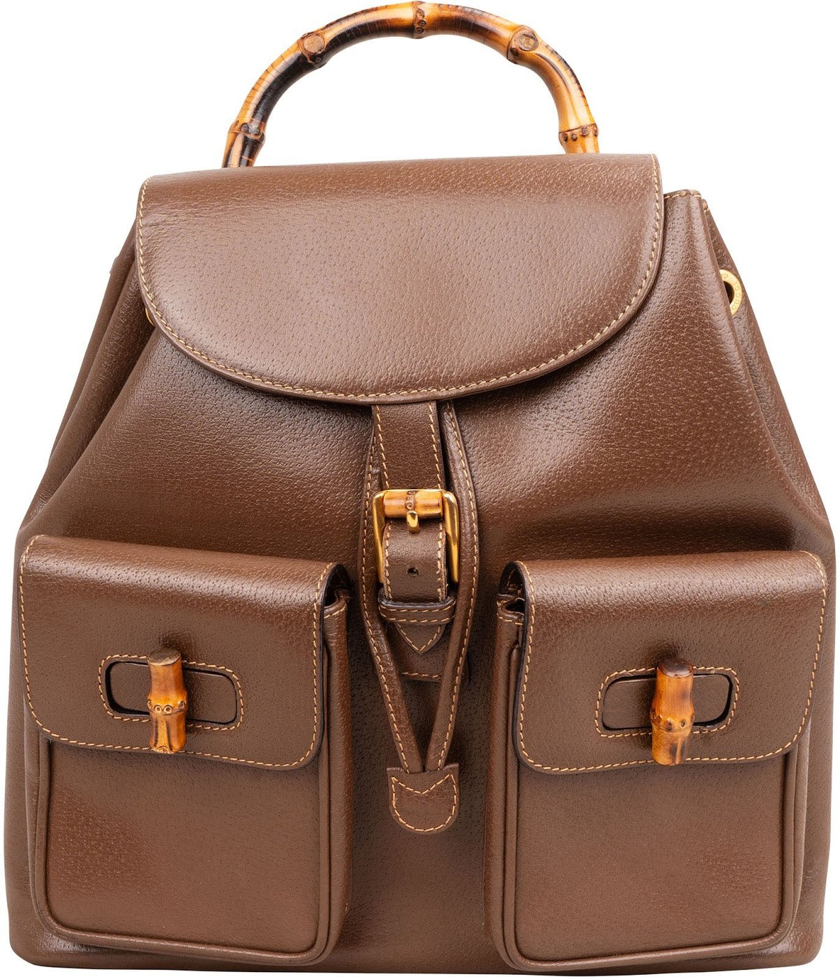 Gucci Brown Pebbled Leather Bamboo Drawstring Backpack