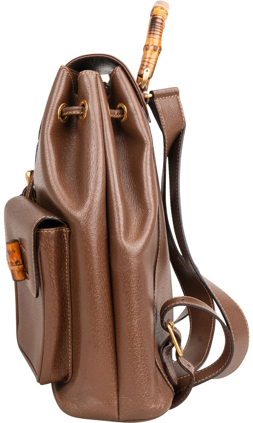 Gucci Brown Pebbled Leather Bamboo Drawstring Backpack