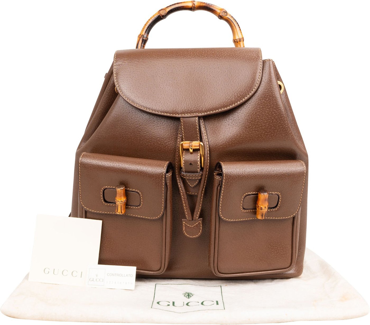 Gucci Brown Pebbled Leather Bamboo Drawstring Backpack