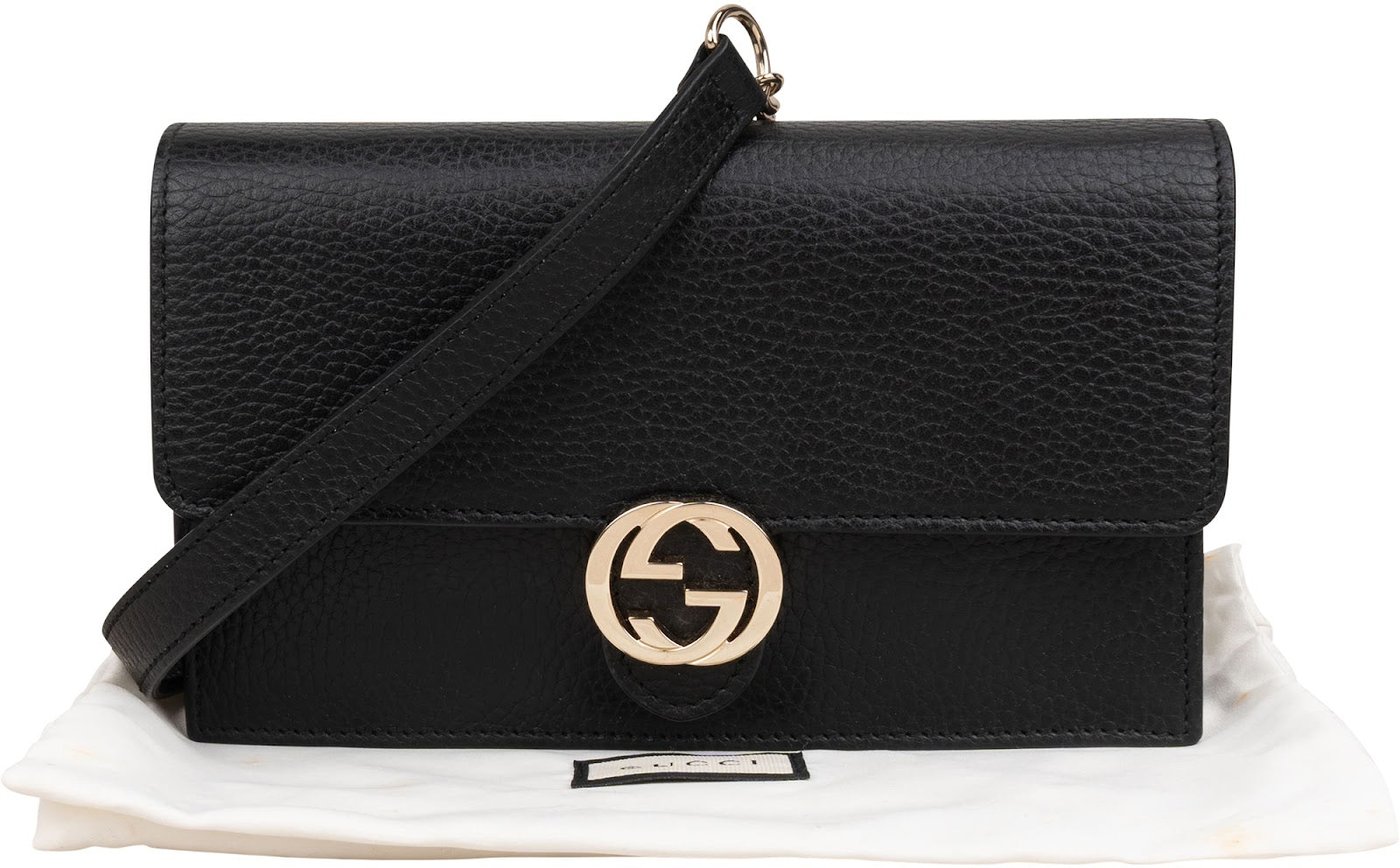 Gucci Black Leather Interlocking GG Wallet On Chain Crossbody Bag