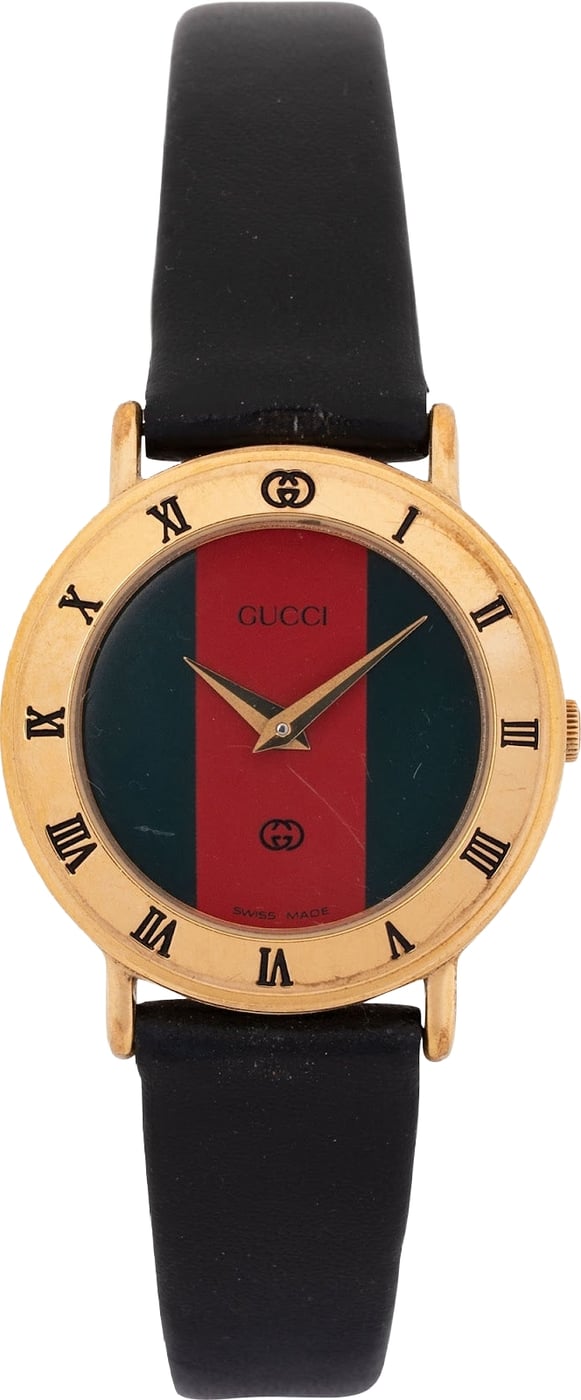 Gucci Gold Tone Black Leather Sherry Line Web 3000L Woman Watch
