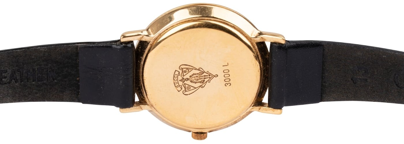 Gucci Gold Tone Black Leather Sherry Line Web 3000L Woman Watch