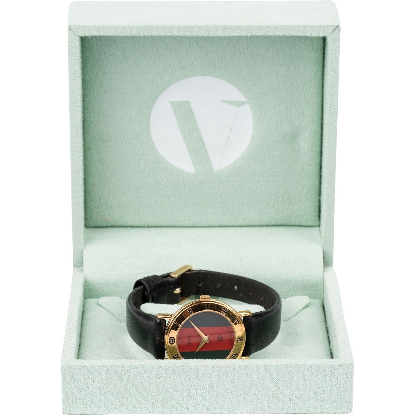 Gucci Gold Tone Black Leather Sherry Line Web 3000L Woman Watch