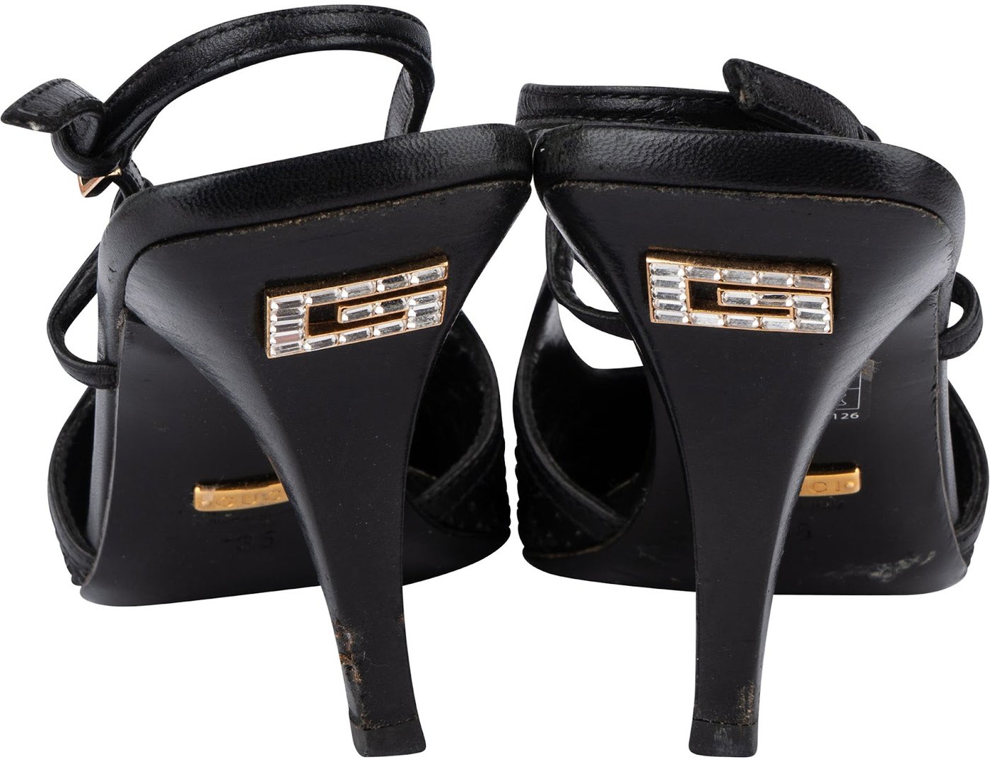Gucci Leather Embelished Crystal Monogram GG Slingback Kitten Heels (35)
