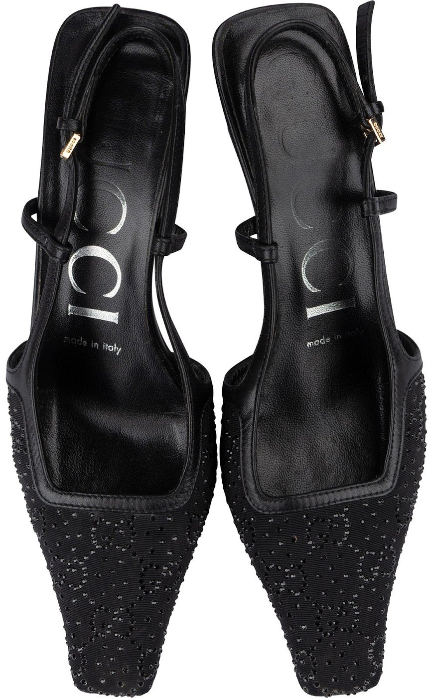 Gucci Leather Embelished Crystal Monogram GG Slingback Kitten Heels (35)