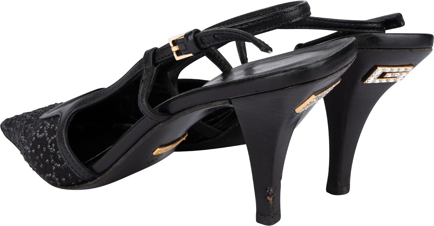 Gucci Leather Embelished Crystal Monogram GG Slingback Kitten Heels (35)