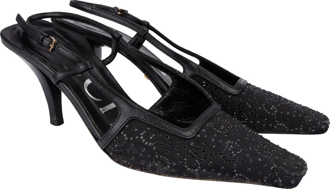Gucci Leather Embelished Crystal Monogram GG Slingback Kitten Heels (35)