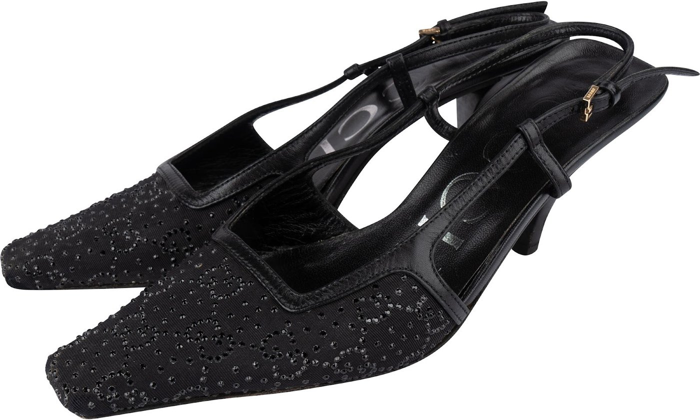 Gucci Leather Embelished Crystal Monogram GG Slingback Kitten Heels (35)
