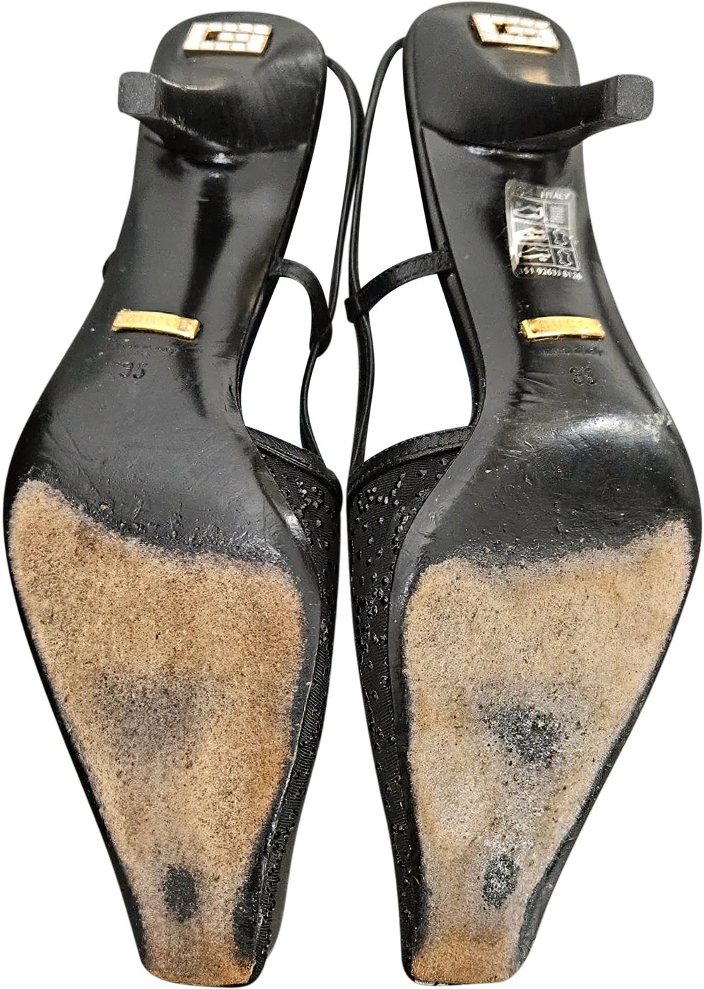 Gucci Leather Embelished Crystal Monogram GG Slingback Kitten Heels (35)