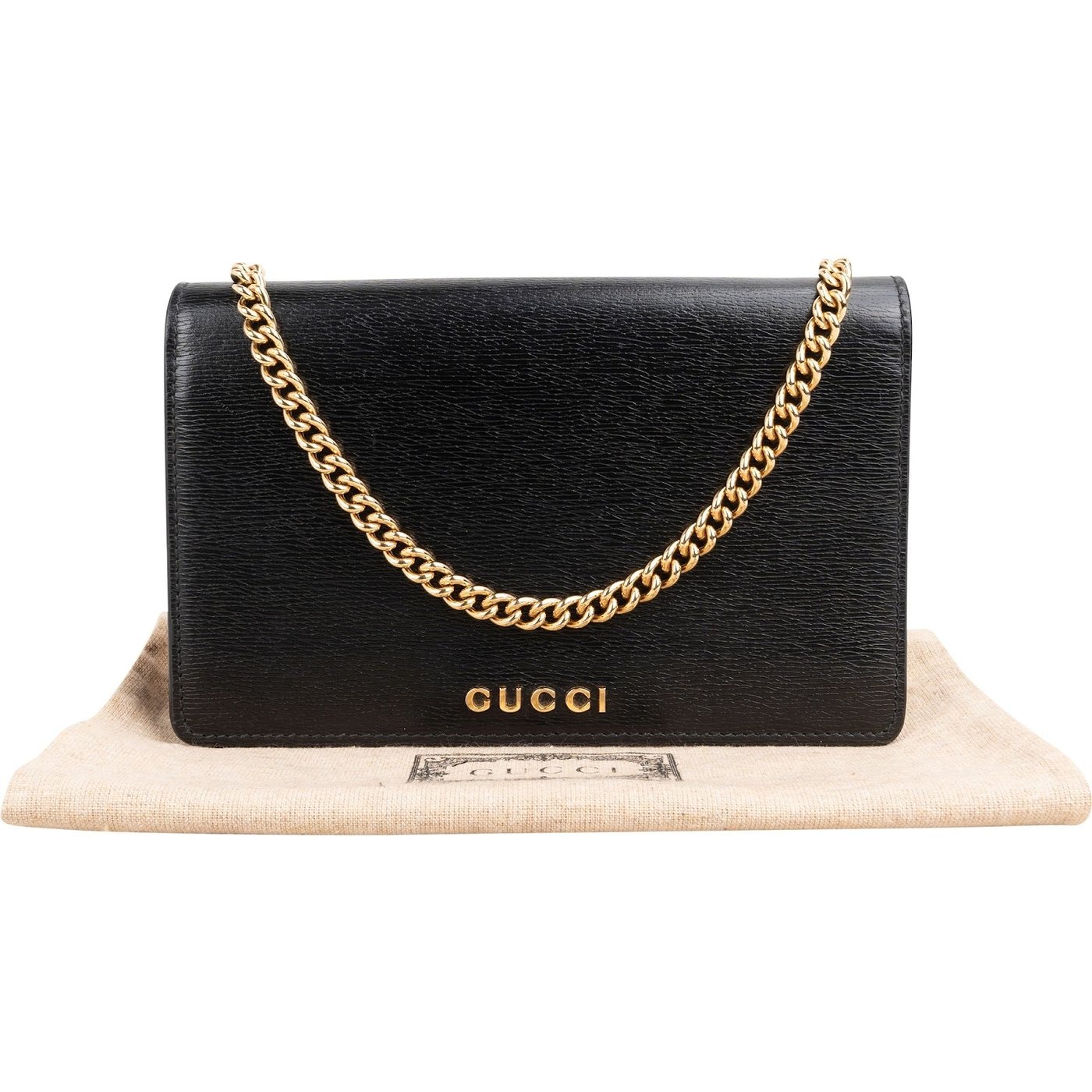 Gucci Black Grained Leather Wallet On Chain Crossbody Bag