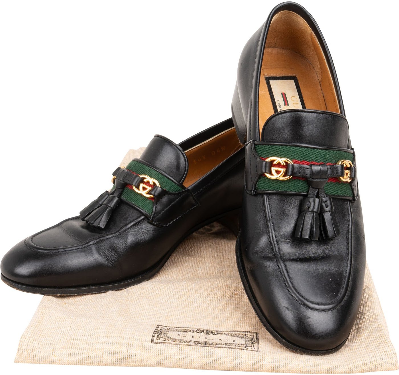 Gucci Black Brushed Leather GG Web Tassels Loafers (34,5)