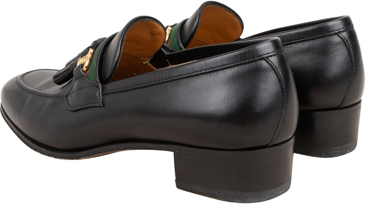 Gucci Black Brushed Leather GG Web Tassels Loafers (34,5)
