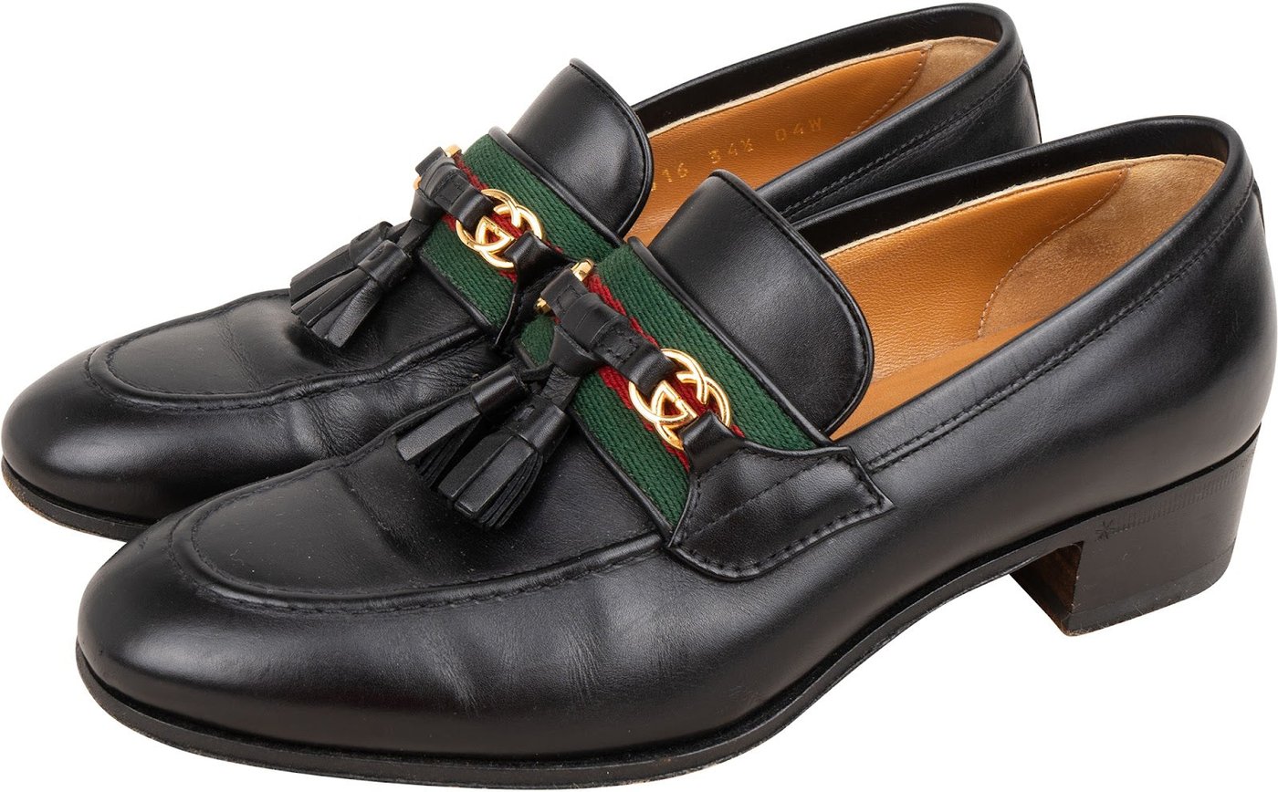 Gucci Black Brushed Leather GG Web Tassels Loafers (34,5)