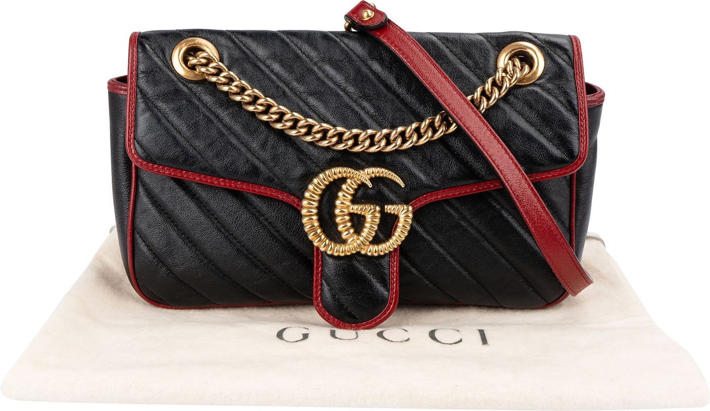 Gucci Black Matelassé Leather Red Edges GG Marmont Crossbody Bag