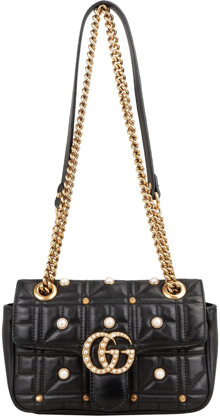 Gucci Monogram Quilted Leather GG Marmont Pearl Studded Shoulder Crossbody Bag